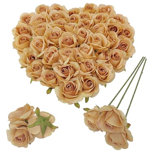 Artificial Light Coffee Satin Rose Flower Heads,42 Pcs Toffee Silk Rose Heads with Stems,3.5'' Rose Artificial Flowers Bulk,Artificial Brown Rose Flower Heads for DIY Crafts Bouquet (42, Toffee) - color: Toffee