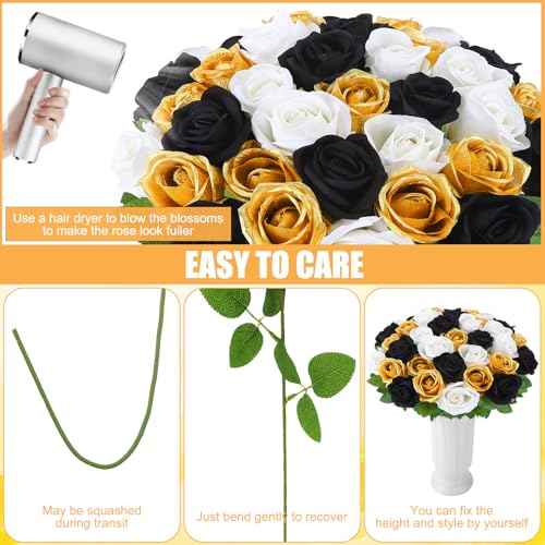 36 Pcs Velvet Texture Black, Gold, White Artificial Flowers Bridal Bouquet, Fake Rose Long Stem Realistic Flowers Bulk for Valentine's Day Wedding Bouquet Ball Arrangement Centerpiece Party - color: Black, Gold, White