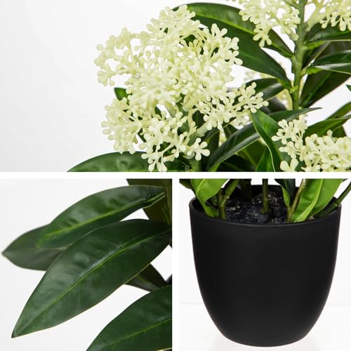 Briful Artificial Potted Flowers, 14.2in Realistic Faux Skimmia Japonica Flowers with Berries Silk Floral Centerpiece for Home Office Bathroom Kitchen Shelf Table Decor, White - color: White