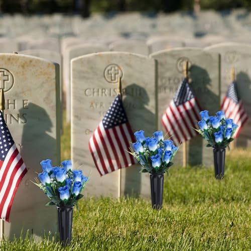 Tigeen 6 Sets Father's Day Cemetery Flowers with Grave Vase 12 Bunches Artificial Rose Memorial Bouquet 84 Heads Fake Silk Flower for Dad Gravesite Graveside Decor(Blue) - color: Blue