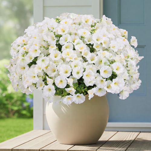 CEWOR Artificial Flowers for Outdoor Indoor, Fake Silk Morning Glory with Eucalyptus Leaves, Faux Flower for Garden Front Door Porch Planter Patio Home Decor (24 Bundles, White) - color: White Morning Glory
