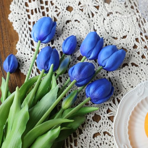 mizii 15Pcs Blue Tulips Artificial Flowers Latex Plastic Real Touch Fake Tulips Flowers Look Real Faux Tulip Flower Bouquet Decoration for Vase Room Table Centerpieces Home Decor (Royal Blue) - color: Royal Blue
