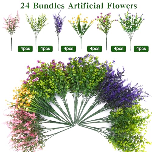 CEWOR Artificial Flowers for Outdoor Indoor, Fake Silk Multiple Color Flowers, Faux Flower for Garden Front Door Porch Planter Patio Home Decor (24 Bundles, Purple Fuchsia Pink Yellow) - color: Multi Color