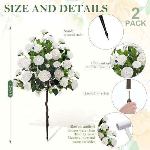 Lunmon 2 Pack 4ft Artificial Camellia Plants Tree Without Vase 48" Faux Camellia Flower with Spike UV Resistant Realistic Fake Floral Blooming Bush for Outdoor Front Door Porch Backyard Garden, White - color: White, size: 4 ft