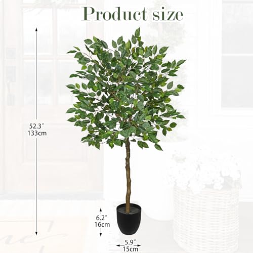 4Ft Ficus Tree Artificial Plants Indoor with Realistic Trunk, Tall Fake Potted Tree Faux Floor Plant, Artificial Tree in Pot for Home Living Room Office Bedroom Corner Decor(Green) - color: Green, size: 4Ft