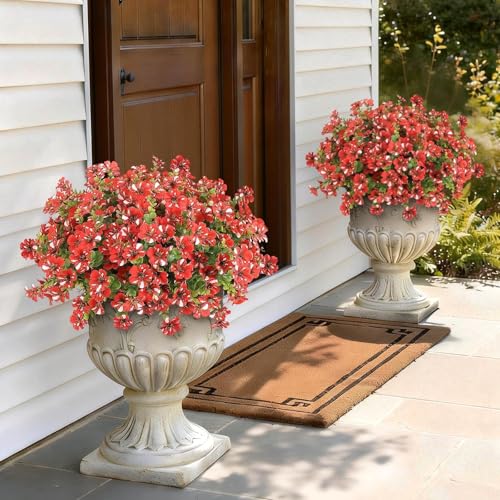 GLIDLION 12 Bundles Artificial Morning Glory & Eucalyptus for Outdoor, Realistic Fake Silk Flower UV Resistant Faux Plant for Front Door Patio Garden Farmhouse Decor (Red) - color: Red