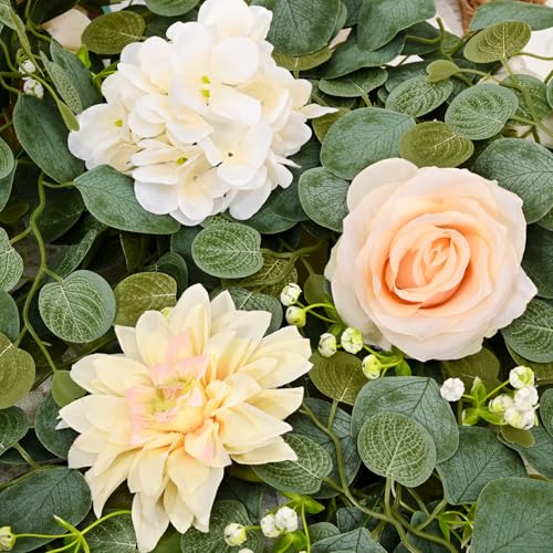 Yastouay 2 Pcs Flower Garland with Lights, 12 Ft Champagne Rose Floral Garland Fake Flowers for Wedding Arch Party Tables Backdrop Decor - color: Champagne With Lights, size: 2 Pack