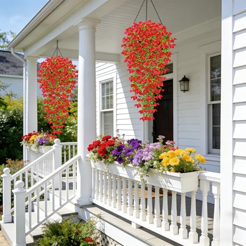 Betylifoy 2Pcs Artificial Hanging Flowers for Outdoors Fake Hanging Plants Summer Decor UV Resistant Faux Silk Violet Flowers Greenery Trailing Vines for Indoor Outside Garden Porch Decor (Red) - color: Red