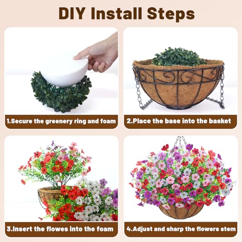 2 Pack Artfiticial Hanging Flowers Baskets for Outdoors, UV Resistant Faux Hanging Plants, 24 Pcs Fake Silk Flowers for Patio Garden Front Porch Balcony Decor (Mix 4 Colors) - color: Mix 4 Colors