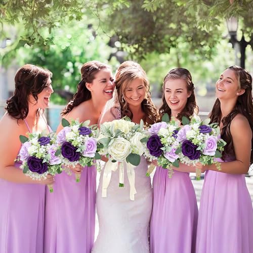 Bridesmaids Bouquets Flowers Set of 4 - Artificial Bridesmaid Bouquet Wedding 7 Inch Rustic Small Floral Centerpiece for Marriage Proposal Party Anniversary Dining Table Decor - Green & Purple - color: Purple, size: 4pcs