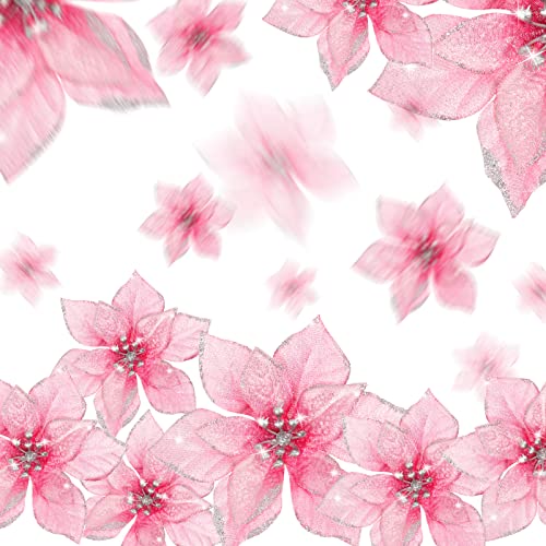Geosar 100 Pcs 3 Size Christmas Poinsettia Flowers with Clips Glitter Artificial Flowers Small Christmas Tree Ornaments Faux for Xmas Party DIY Craft Wreath Garland New Year, 3/4/6 Inches(Pink) - color: Pink
