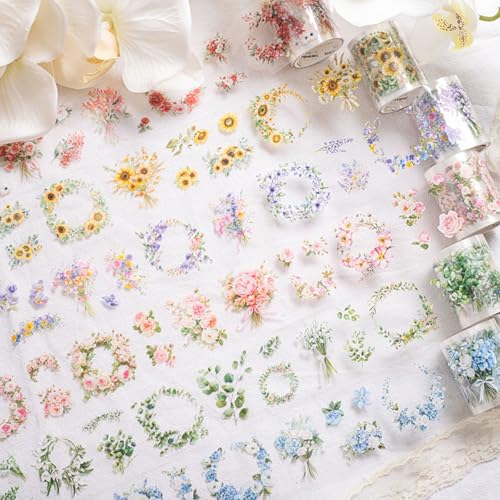 PET Tape Stickers for Journaling 6 Rolls Flower Washi Tape Stickers Decorative Tape for Crafts Scrapbooking Junk Journal Supplies, Wreath of Letters - color: Wreath of Letters