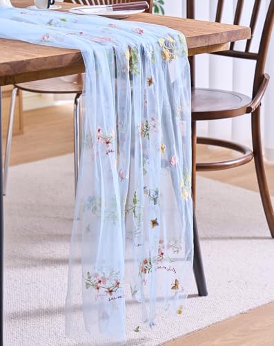 vctops 2 Packs Embroidery Lace Fall Table Runner 10ft Floral Garden Seasonal Tulle Table Runner Holiday Kitchen Dining Table Decoration for Wedding Party Baby Shower Birthday (Blue,30"x120") - color: Blue