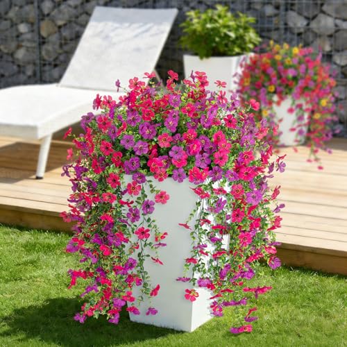 Fake Artificial Hanging Flowers for Outdoors Decoration, 2 PCS Faux UV Resistant Artificial Outdoor Flowers, Fake Plants Look Real Daisy No Fade Spring Decor for Porch Home Patio Balcony and Yard - color: Hanging Flower (Rose Red and Purple)
