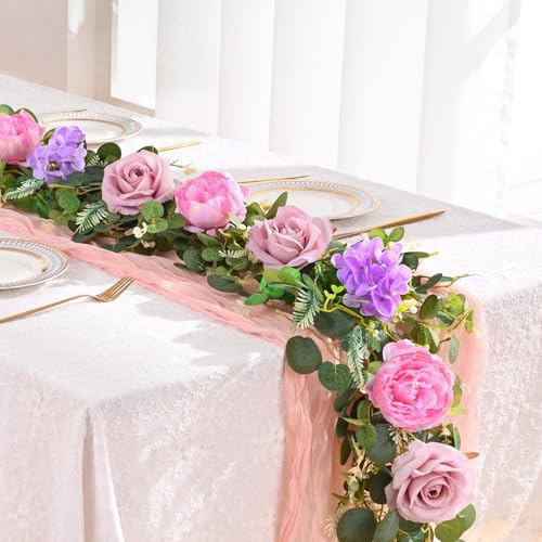 Livole 6 FT Artificial Flower Garland Real Touch Fake Pink Floral Rose Peony Garland with Eucalyptus Flower Hanging Vine for Wedding Table Centerpieces Backdrop Party Arch Home Decorations - color: Pink, size: 1 Pc