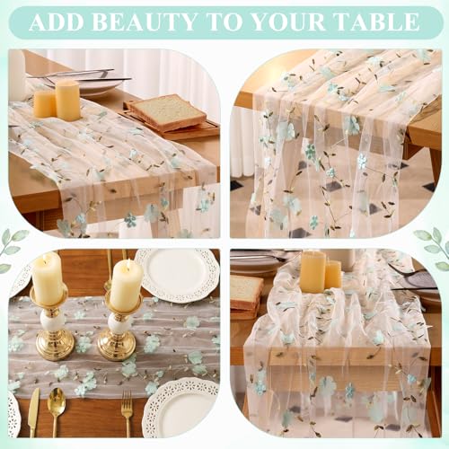 Embroidery Floral Table Runner Rustic Spring Summer Wildflower Tulle Table Runner Vintage Flower Kitchen Dining Tabletop Runners Decoration for Home Wedding Party, 108x24.5 Inch (Green Flowers) - color: Green Flowers, size: 108*24.5 inch