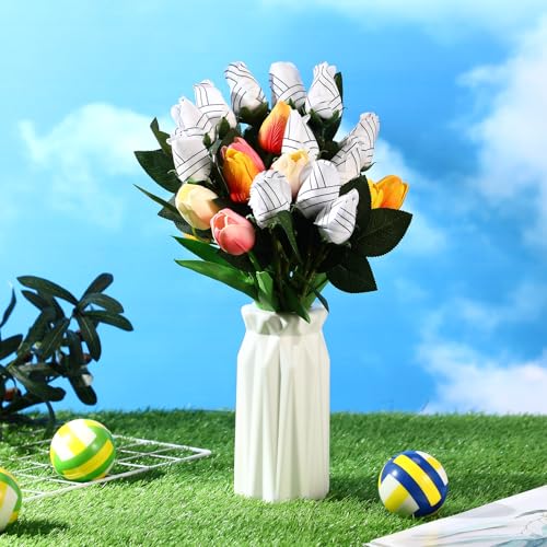 Suhine 12 Pcs Artificial Volleyball Rose Flowers Sports Party Favors Bulk for Birthday Graduation Wedding Party Decoration Table Centerpieces Mom Team Coach Senior Night Gift(Volleyball Color, Normal) - color: Volleyball Color, size: Normal