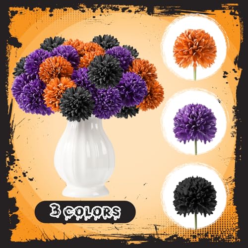 XunYee 24 Pcs Halloween Artificial Flowers Halloween Chrysanthemums Ball Flowers Black Orange Purple Fake Hydrangea for Halloween Party Home Table Centerpieces vase Decor