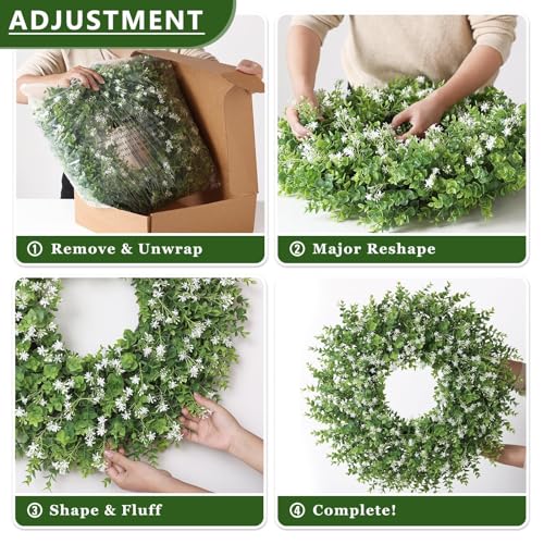 26" Artificial Eucalyptus Wreath with Baby's Breath for Front Door - Fake Eucalyptus Wreath, Spring Summer Faux Flowers Wreath for Porch, Farmhouse, Wall, Window, Home Decor (White-Green)