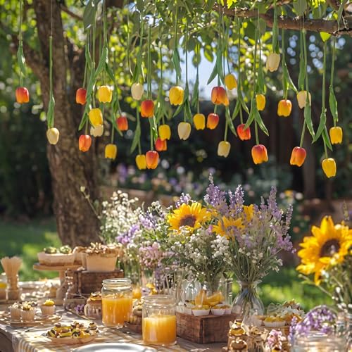 12 Pack Gradient Yellow 5 ft Artificial Tulips Hanging Flower Garland Decorations Spring Summer Dangling Faux Tulip Floral Vine Strings with Hooks for Wall Ceiling Wedding Tea Party - color: Gradient Yellow