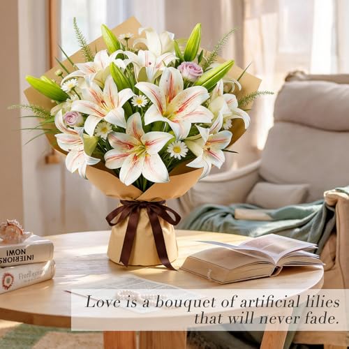 18 Artificial Lily Flowers with 12 Heads Fully Bloomed Lilies and 6 Buds, Short Stem Tiger Lily Fake Flowers for Wedding Bouquet Home Party Hotel Office Floral Arrangements (Champagne Gold) - color: Champange God