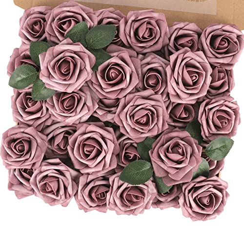 MACTING Artificial Rose Flowers 30PCS Real Touch Fake Flowers with Stem Soft Foam Roses for DIY Wedding Bouquets Table Centerpieces Baby Shower Party Spring Home Valentines Day Decor,Dusty Purple Pink - color: Dusty Purple Pink, size: 30PCS