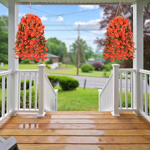 Sggvecsy Artificial Fake Hanging Flowers Plants for Outdoor Outside Spring Summer Decoration 4PCS Faux Silk UV Resistant Realistic Morning Glory Trailing Vines for Home Porch Patio Balcony(Orange) - color: Orange, size: 4Pcs