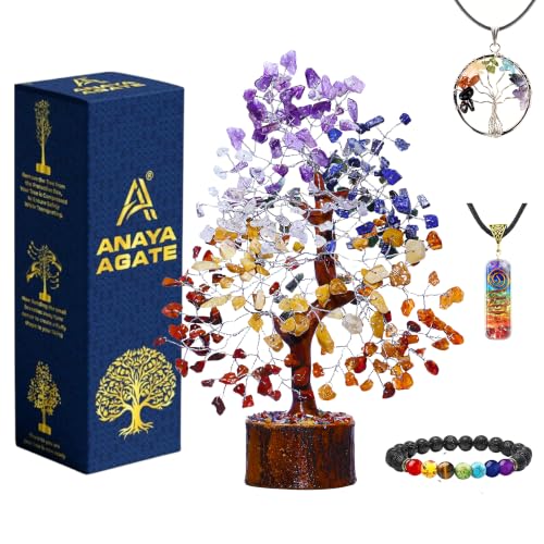 7 Chakra Crystal Tree of Life 10-12 Inch | 300 Natural Gemstone Beads | Healing Crystal Tree with Chakra Bracelet & Pendant | Money Tree, Positive Energy, Good Luck | Birthday Gift for Women - color: Seven Chakra Silver Wire Set (300 Beads)