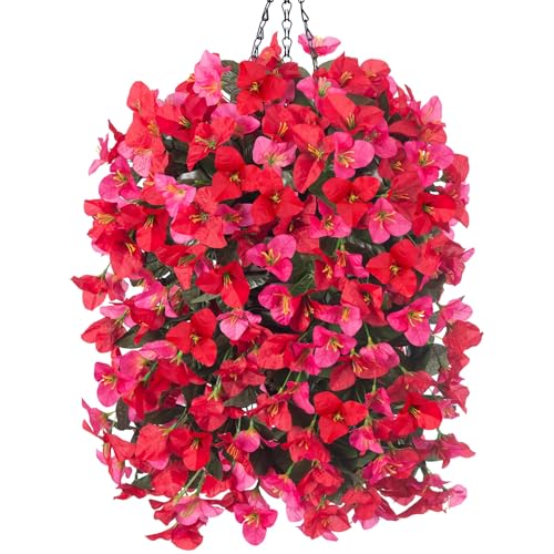 INSPRING Artificial Bougainvillea Faux Flowers Plants Baskets for Outdoor Outside Decoration, 3PCS Fake Silk Flowers Long Trailing Vines UV Resistant Realistic for Front Door Porch Patio (RedHotpink) - color: Redhotpink