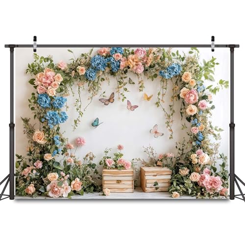 6x4ft Flower Butterfly Birthday Backdrop Spring Colorful Scenic Floral Flowers Wall Photography Backdrops Butterfly Fairy Tale Wedding Decoration Kids Birthday Party Background Photoshot - color: White, size: 6X4FT