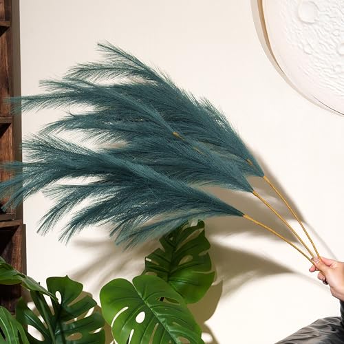 Premium Faux Dark Green Pampas Grass – 43.3" Tall Fluffy Decor, 8pcs 18-Branch One-Piece Stems No Assembly, Luxury Silk-Feel Feather Flowers for Boho Botanical Jungle Home Decor (Forest Green, 110cm) - color: Artificial - Dark Green, size: 8pcs 43.3"(110c