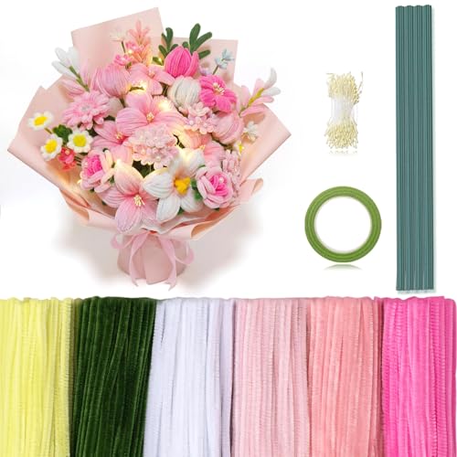 Peryiter 371 Pcs Pipe Cleaners Flowers Kit, Pipe Cleaners Chenille Stems Bulk with Floral Wire Gardening Tape Stamen, Fluffy Limpiapipas para Flores for DIY Mother's Day Decor(Pink, Green, Yellow) - color: Pink, Green, Yellow