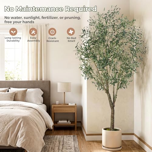 Jocoevol Olive Tree Artificial Indoor 7FT，Tall Faux Olive Tree with White Planter，Realistic Artificial Olive Tree Indoor with Natural Trunk and Lifelike Fruits for Home Office Living Room - size: 7ft