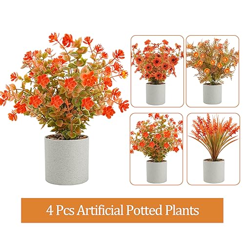4 Pack Artificial Fall Flowers Autumn Potted Plants Fake Small Plants for Fall Table Centerpieces Thanksgiving Home Tabletop Office Bathroom Farmhouse Thanksgiving Decorations (Orange) - color: Orange, size: 4 Pcs
