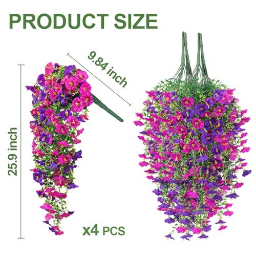 4PCS Artificial Hanging Flowers for Outdoors, 600 Blooms UV Resistant Morning Glory Vine Fake Flowers with Eucalyptus, Realistic Silk Faux Hanging Plants Decorations for Outside (Purple and Lotus) - color: Purple and Lotus, size: 4PCS