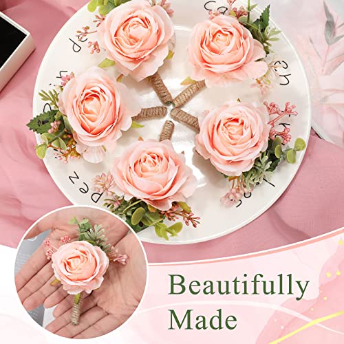 Sherr 12 Pcs Pink Rose Boutonniere for Men Wedding Corsage Rose Groom and Groomsmen Boutonniere with Artificial Flower for Rustic Vintage Wedding Ceremony Anniversary Dinner Prom Party - color: Pink