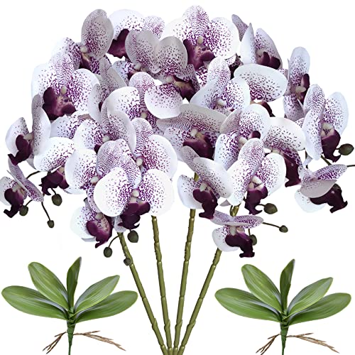 FagusHome Artificial Orchid Plant, 32'' Purple Core, 4 Pcs with 2 Bundles Leaves, Fake Butterfly Phalaenopsis Flowers for Home Decor - color: Purple Core