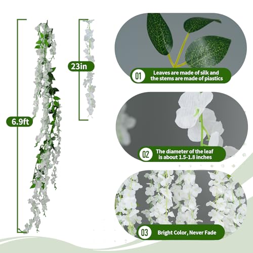 ARTKAIKE Artificial Flowers Garland for Home Decor, Fake Wisteria Vine Silk Hanging Plant Flower for Room Bathroom Wall Kitchen Bedroom Garden Outdoor Wedding Decor (4, White) - color: White