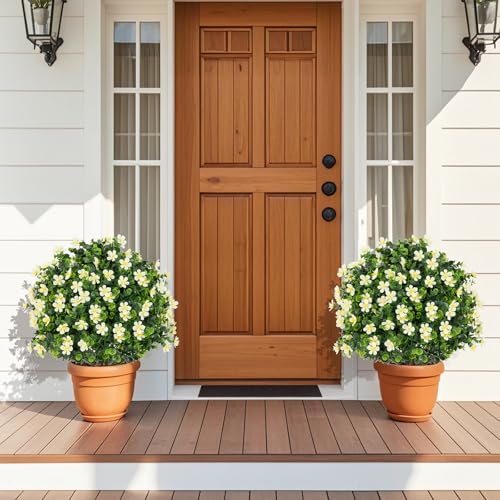 Goplus 21.5'' Artificial Boxwood Topiary Ball Tree, Set of 2 Faux Potted Plants Artificial Shrubs Bushes with White Flowers, Fake Evergreen Artificial Topiary for Indoor Outdoor Home Front Porch Decor - color: White