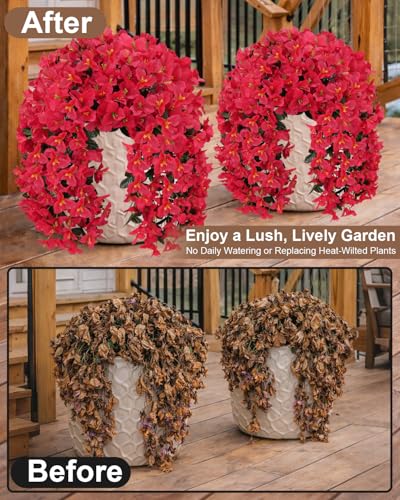 Artificial Flowers for Outdoors – 2 Bundles of UV-Resistant Artificial Bougainvillea, Realistic Silk Flowers for Front Porch, Patio, Garden, Window Boxes & Hanging Baskets (Red,2) - color: Red, size: 2 Bundles