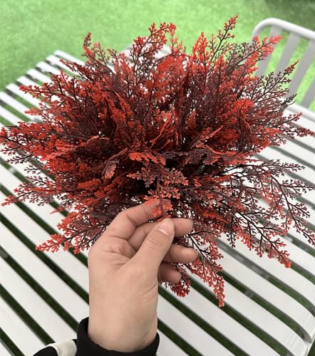 PASYOU Artificial Fern Plants, Fake Ferns Shrub Plant Plastic Greenery Faux Grass Leaf Stems Boston Leaves for Outdoor Indoor Home Garden Décor Party Office Wedding DIY Decoration Red 4 Pack - color: Red Fern Shrubs - 4 Pack