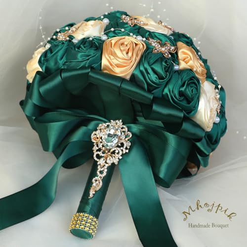 Handmade Wedding Flowers Bouquet Round Holding Bridal Bouquet Artificial Satin Roses Bunch for Bride Bridesmaid Wedding Quinceanera - color: Dark Green, Cream & Light Gold, size: Small (Dia. 7.5"/19cm)