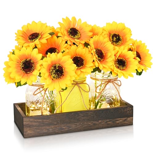 BLEUM CADE Centerpiece Table Decorations - Mason Jar Lights Centerpiece for Kitchen Dining Table Farmhouse Coffee Table Wedding Home Decor with 3 Jars Sunflowers Artificial Flowers & Wood Tray - color: Yellow-sunflower