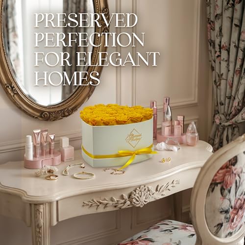 GLAMOUR BOUTIQUE Preserved Roses in a Box - Gifts for Her, Wife & Mom, Rose Flowers Forever Decor for Birthday Gift, Get Well Flower Bouquet Cased in White Box with Cover - Yellow - 27 (Color-Treated) - color: Yellow, size: 27 Roses Heart Box