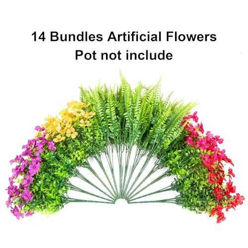 HyeFlora Artificial Faux Outdoor Flowers Plants for Summer Outside Decoration, 14 Bundles Fake Silk Colorful Daisy Ferns UV Resistant Realistic for Front Door Porch Planter Patio Yard - color: Mixed Flower+grass