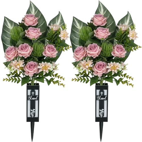 Cemetery Flowers for Grave Vase: 2 Pcs Pink Roses Realistic Memorial Day Flowers Bouquets - Spring Outdoor Grave Decorations - color: Dusty Pink