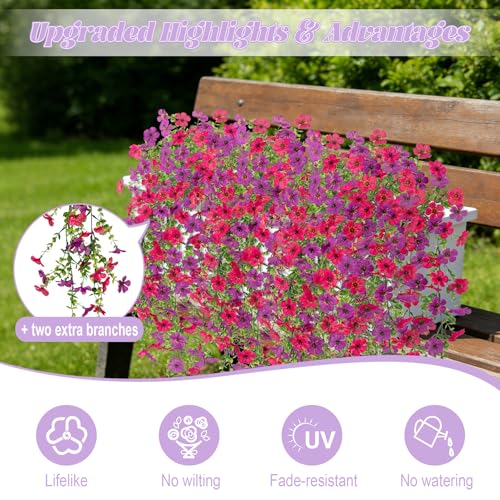 Fake Artificial Hanging Flowers for Outdoors Decoration, 2 PCS Faux UV Resistant Artificial Outdoor Flowers, Fake Plants Look Real Daisy No Fade Spring Decor for Porch Home Patio Balcony and Yard - color: Hanging Flower (Rose Red and Purple)