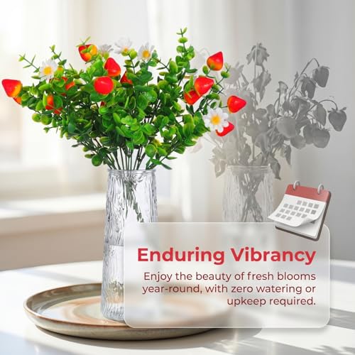 TOYANDONA 3 Pcs Artificial Eucalyptus Stems with Faux Strawberry Branches Realistic Greenery Bouquet for Home Decor Wedding Centerpieces Office and Party Decoration