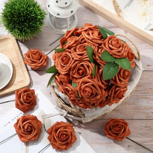 100 Pcs Artificial Foam Rose Flower Faux Bouquet Wedding Fake Rose Gift for Mother's Day Women DIY Bridal Shower Party Table Birthday Home Spring Decor (Orange) - color: Orange