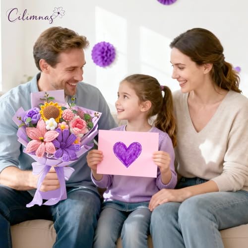 Crochet Flower Bouquet,Pink&Purple Knitted Flowers, Handmade Lily Sunflowers Roses Bouquet for Birthday Anniversary Party Mother's Day Graduation Gifts - color: Purple&pink